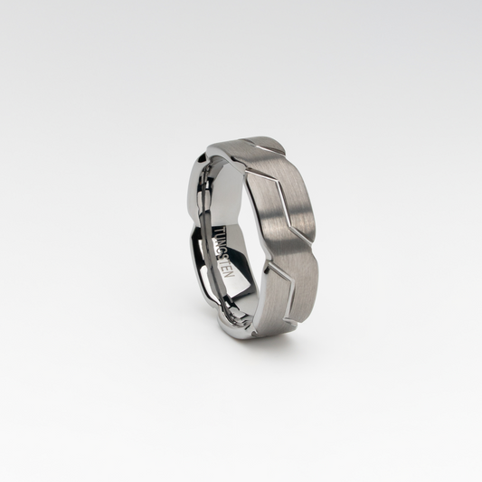 Brushed Silver Tungsten Carbide Ring with Geometric Link Pattern – 8mm Comfort Fit, Modern Men's Wedding Band or Fashion Ring, Scratch-Resistant and Durable