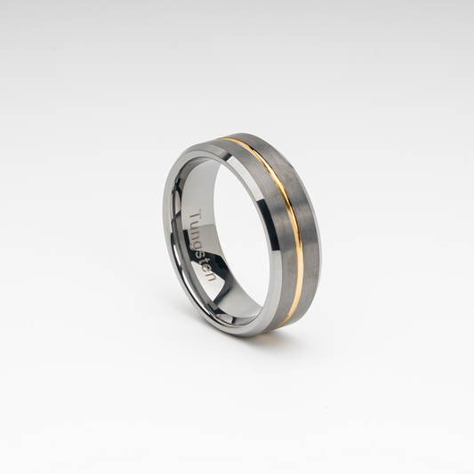 A brushed silver tungsten carbide ring with a polished beveled edge and a gold-tone center groove. Modern two-tone design, durable, scratch-resistant, and comfort fit—ideal as a men’s wedding band, anniversary ring, or stylish fashion accessory.