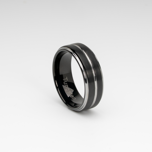 Tungsten Carbide Ring –  Two-Tone Grooved Ring Black Silvetone