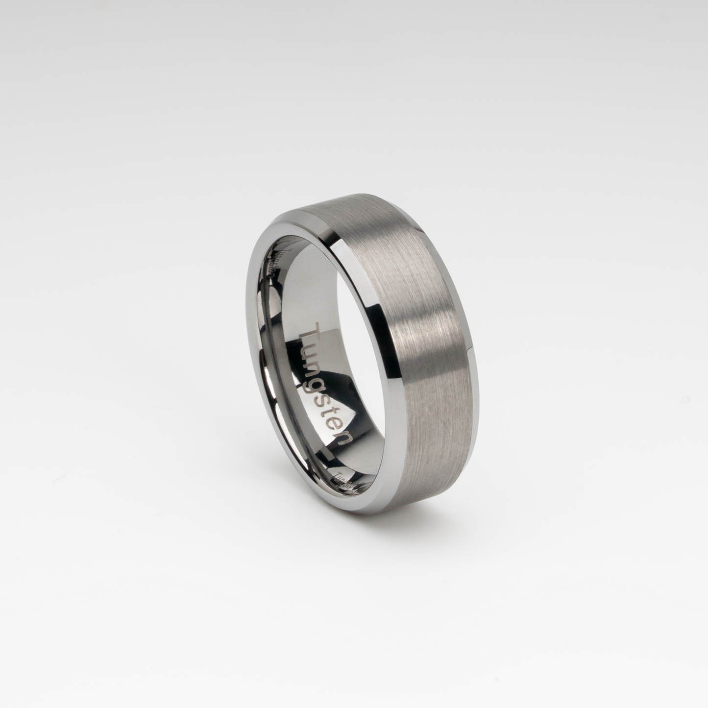 Tungsten Carbide Ring – White Brushed Center Beveled Edge Band