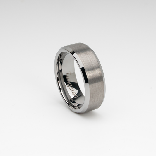 Tungsten Carbide Ring – White Brushed Center Beveled Edge Band