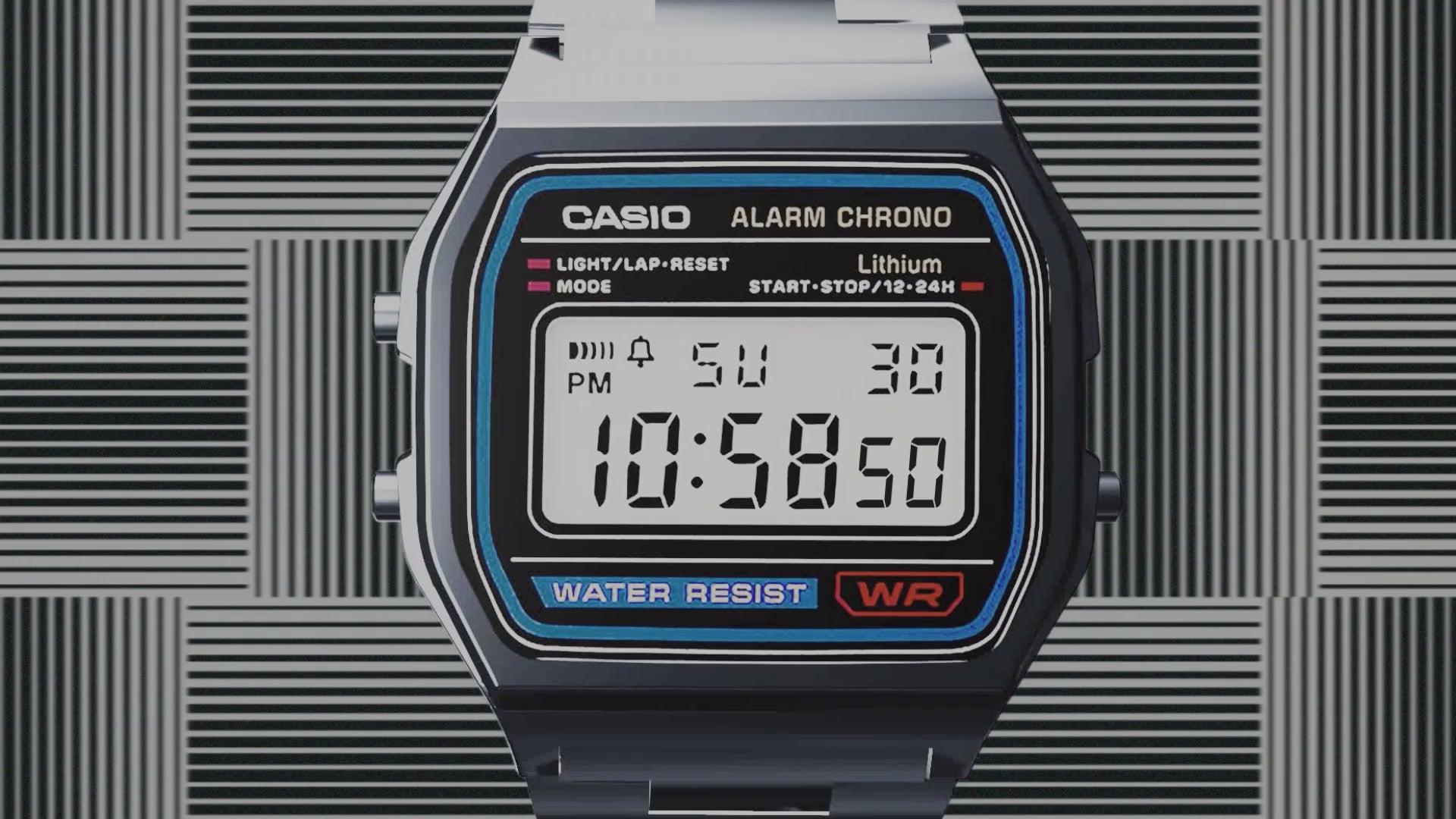 Casio Vintage A158WA-1 digital watch with silver-tone stainless steel band, chrome-plated resin case, green LED backlight, stopwatch, daily alarm, auto-calendar, water resistance, slim 8.2 mm profile, lightweight 46 g build, and 7-year battery life.”