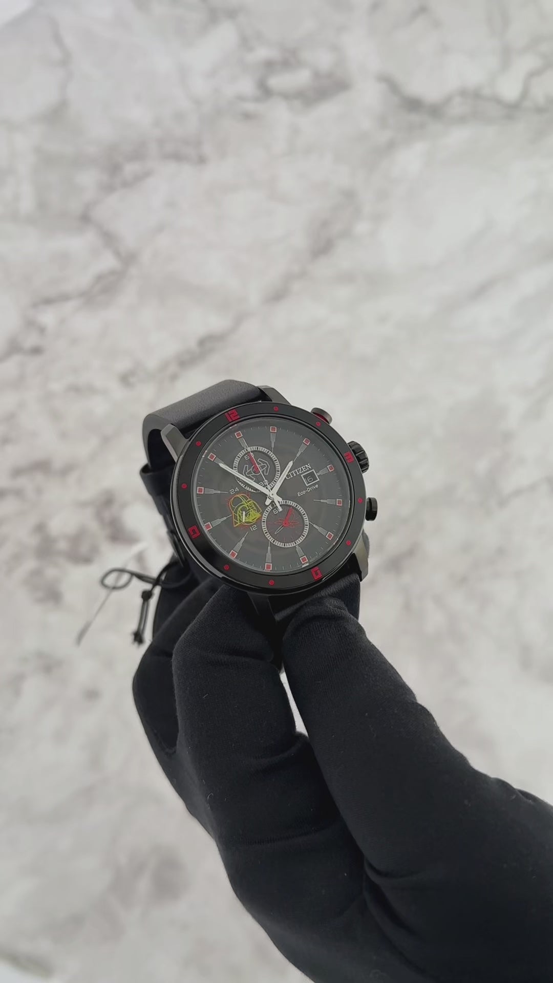 Citizen Star Wars Darth Vader Chronograph watch (Model CA0769-04W). Features 44mm black IP stainless steel case, black leather strap, and crimson red accents inspired by Darth Vader’s lightsaber. Dial includes sub-dials with Vader helmet, TIE Fighter, and targeting details. Eco-Drive B612 light-powered movement, 1/5-second chronograph (up to 60 min), 12/24-hour time, date, spherical mineral crystal, 100m water resistance, and engraved case back reading ‘Come to the Dark Side.