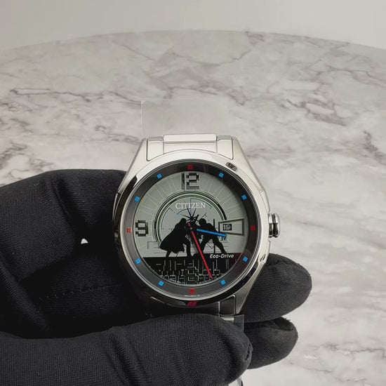 CITIZEN Star Wars Duel AW1140-51W – silver-tone Eco-Drive watch with black duel-themed dial, neon lightsaber hands, engraved case back, and WR100 water resistance.