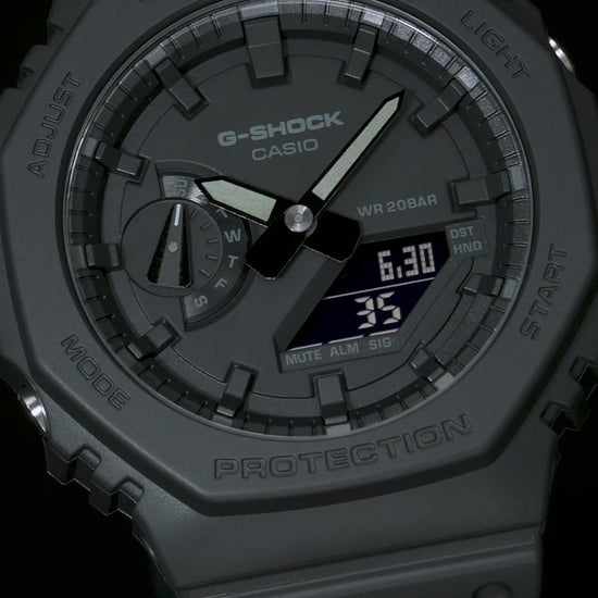 Casio G-SHOCK GA-2100 Series GA2100-1A1 – iconic all-black ‘CasiOak’ with slim 11.8mm case, Carbon Core Guard structure, dual LED lights, and 200m water resistance.