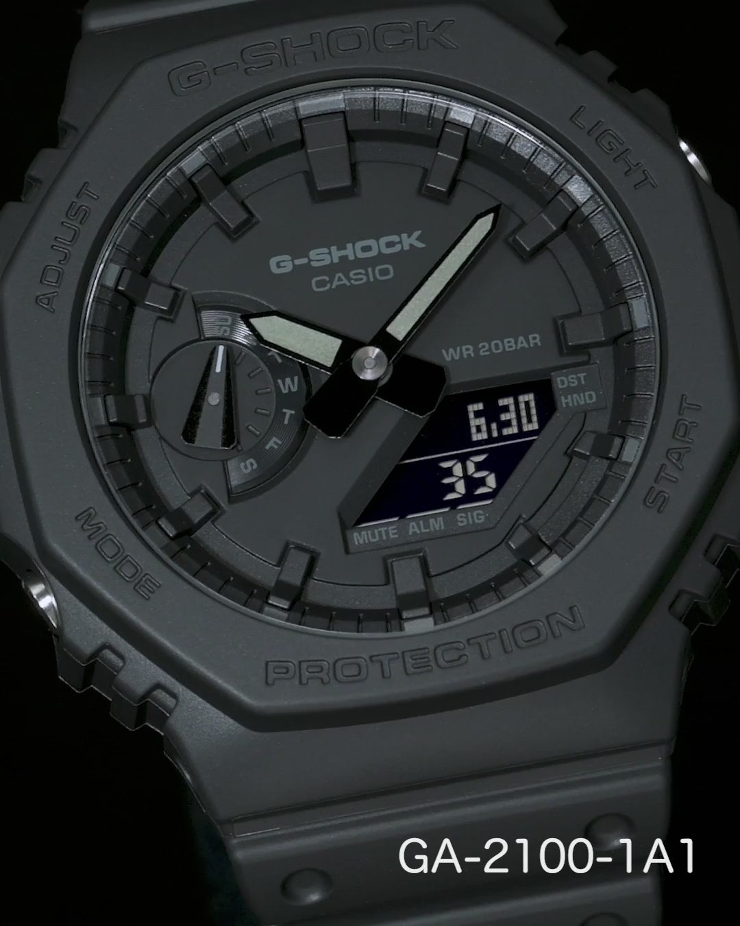 Casio G-SHOCK GA-2100 Series GA2100-1A1 – iconic all-black ‘CasiOak’ with slim 11.8mm case, Carbon Core Guard structure, dual LED lights, and 200m water resistance.