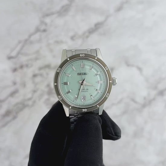 Seiko Presage SRPL71 Style60’s – mint-green dial automatic watch with vintage-inspired design, box Hardlex crystal, see-through caseback, and 41-hour power reserve.
