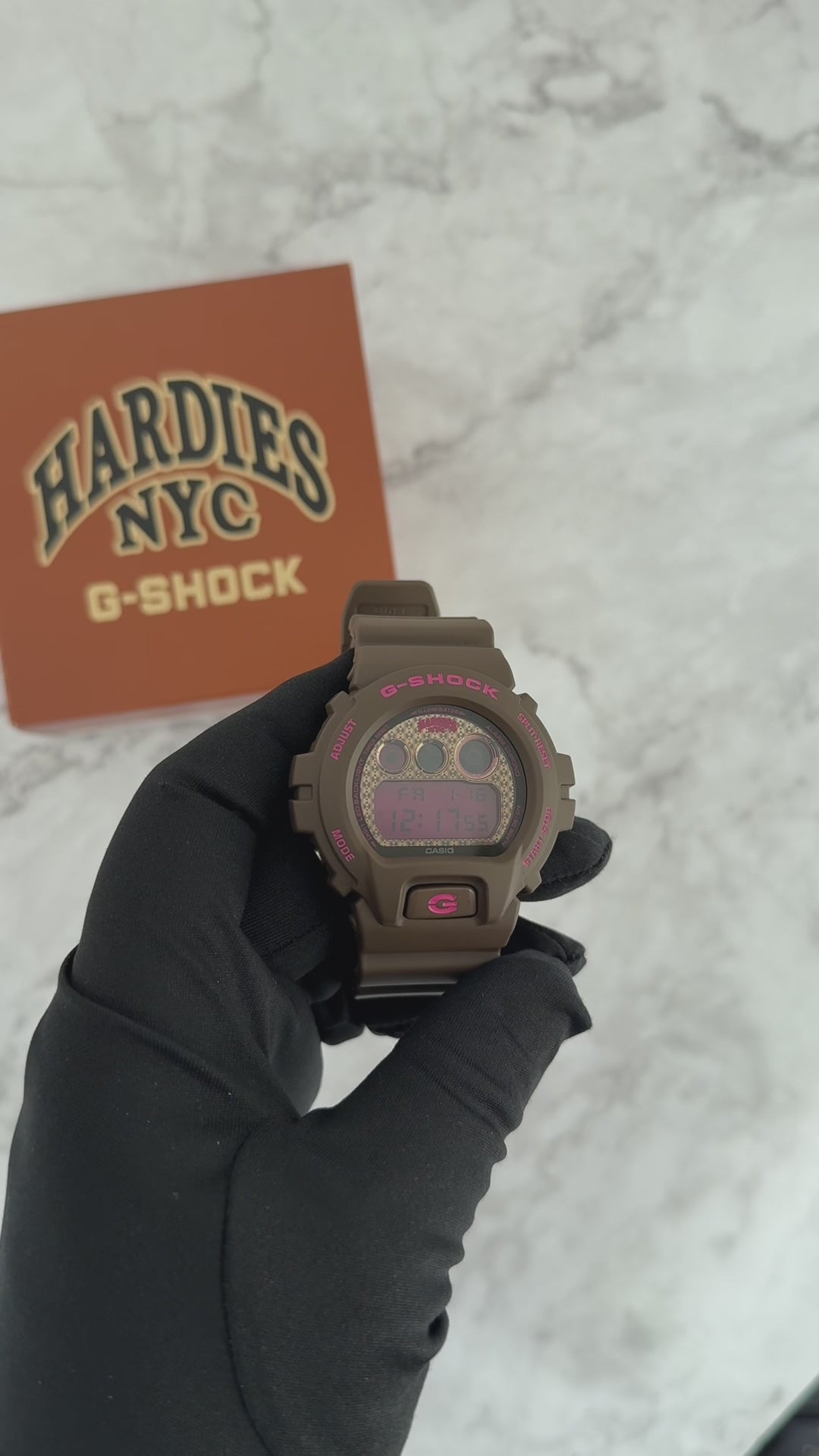 Casio G-SHOCK × Hardies Hardware NYC DW6900HH-5 limited edition digital watch with iconic 6900 round case, rugged resin construction, street-inspired skate aesthetic, shock resistance, and 200-meter water resistance