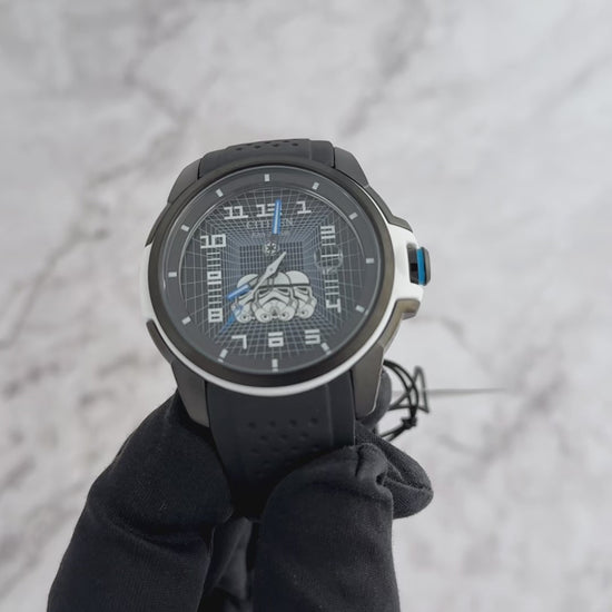 CITIZEN Star Wars Imperial Stormtrooper AW1659-00W – black ion-plated Eco-Drive watch with Stormtrooper helmet dial, white armor accents, black polyurethane strap, and WR100 water resistance.