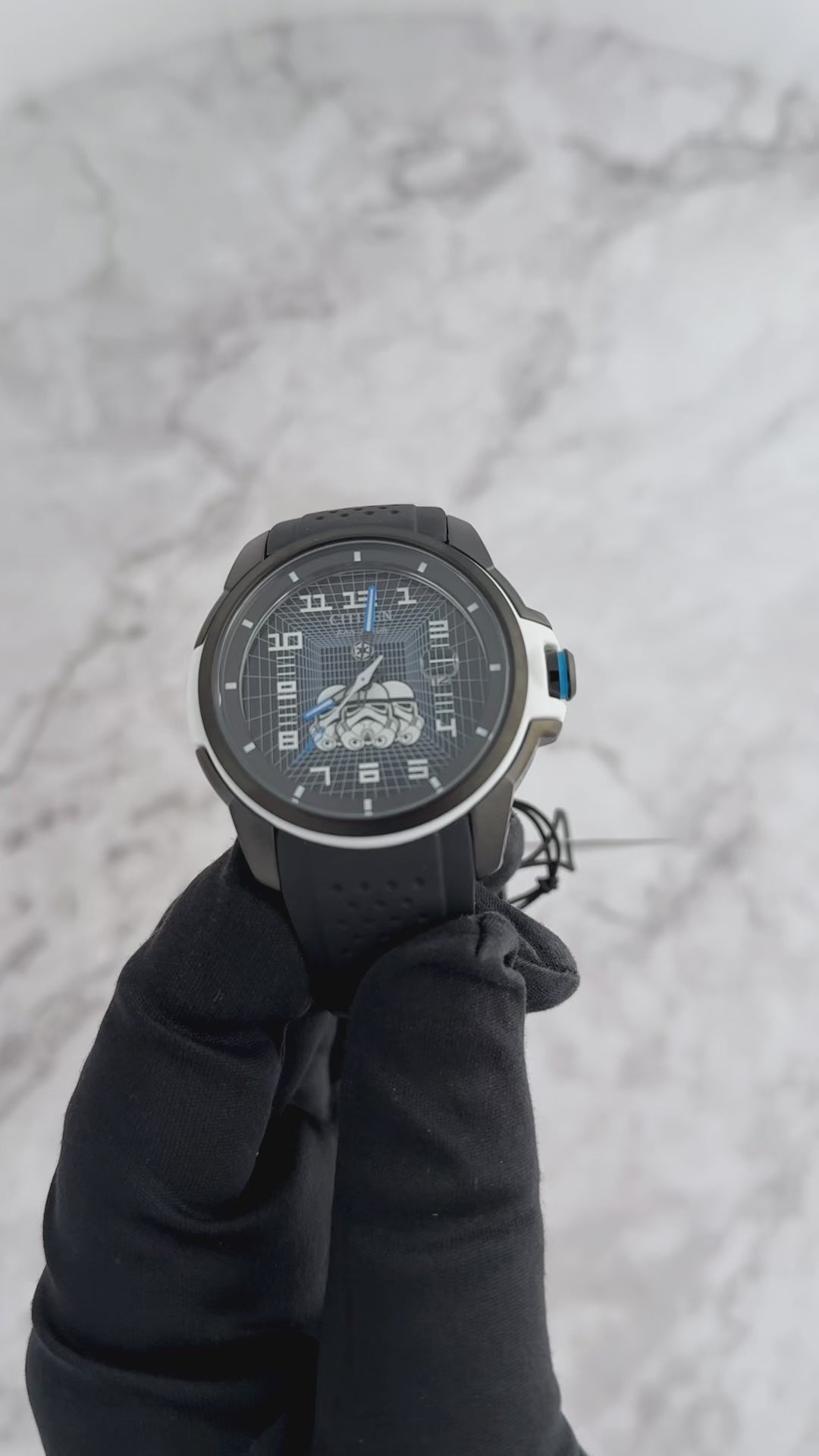 CITIZEN Star Wars Imperial Stormtrooper AW1659-00W – black ion-plated Eco-Drive watch with Stormtrooper helmet dial, white armor accents, black polyurethane strap, and WR100 water resistance.