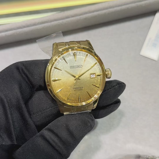 SEIKO SRPK46 Presage Cocktail Time U.S. Special Creation – Gold Dial Inspired by Beer Julep Cocktail, Automatic Watch with Gold Stainless Steel Bracelet