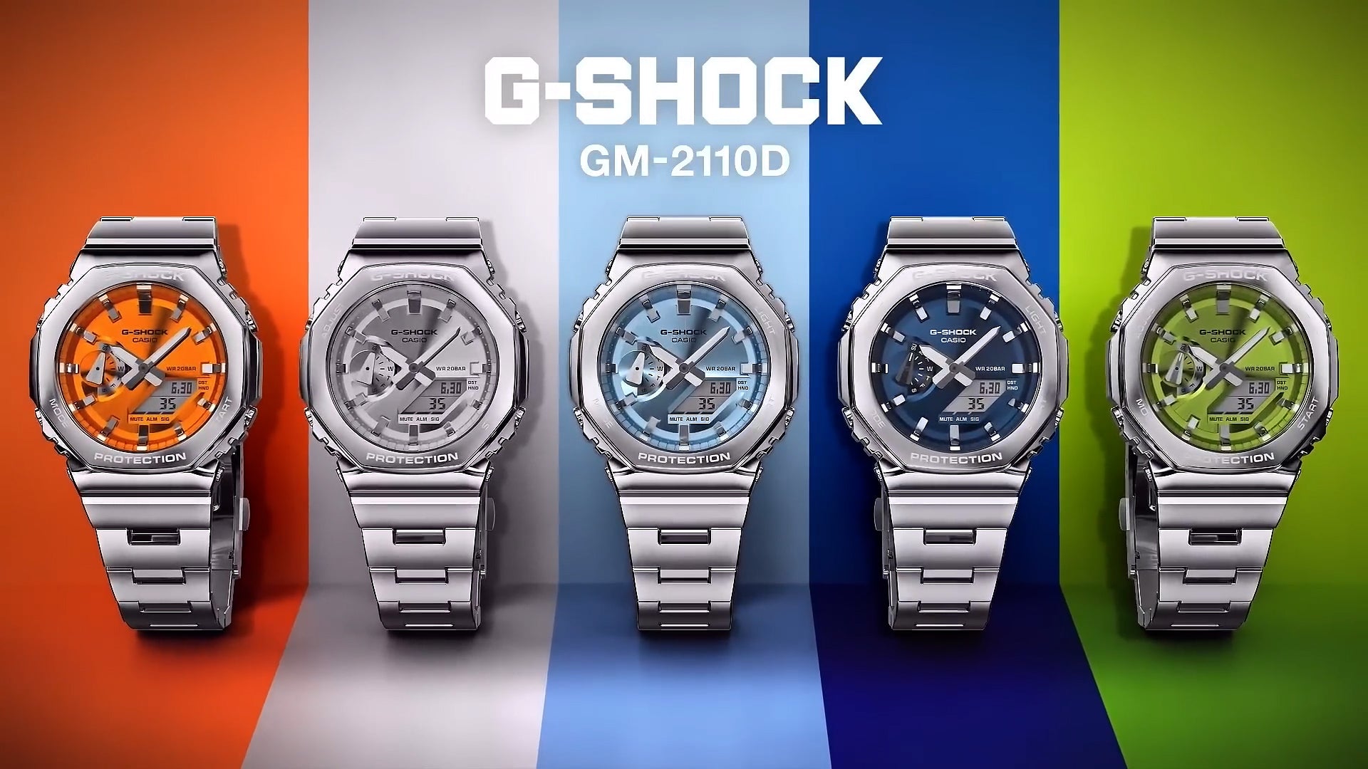 Casio G-STEEL GM2110D-2A, premium stainless-steel G-SHOCK with an octagonal bezel. Features a light blue metallic dial, shock resistance, 200m water resistance, dual LED Super Illuminator, and world time. Stylish and durable.