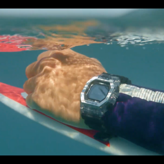 Casio G-SHOCK G-LIDE GBX100S-1 – surf-ready watch with tide and moon data, Bluetooth connectivity, stainless steel/resin bezel, bio-based band, and 200m water resistance.