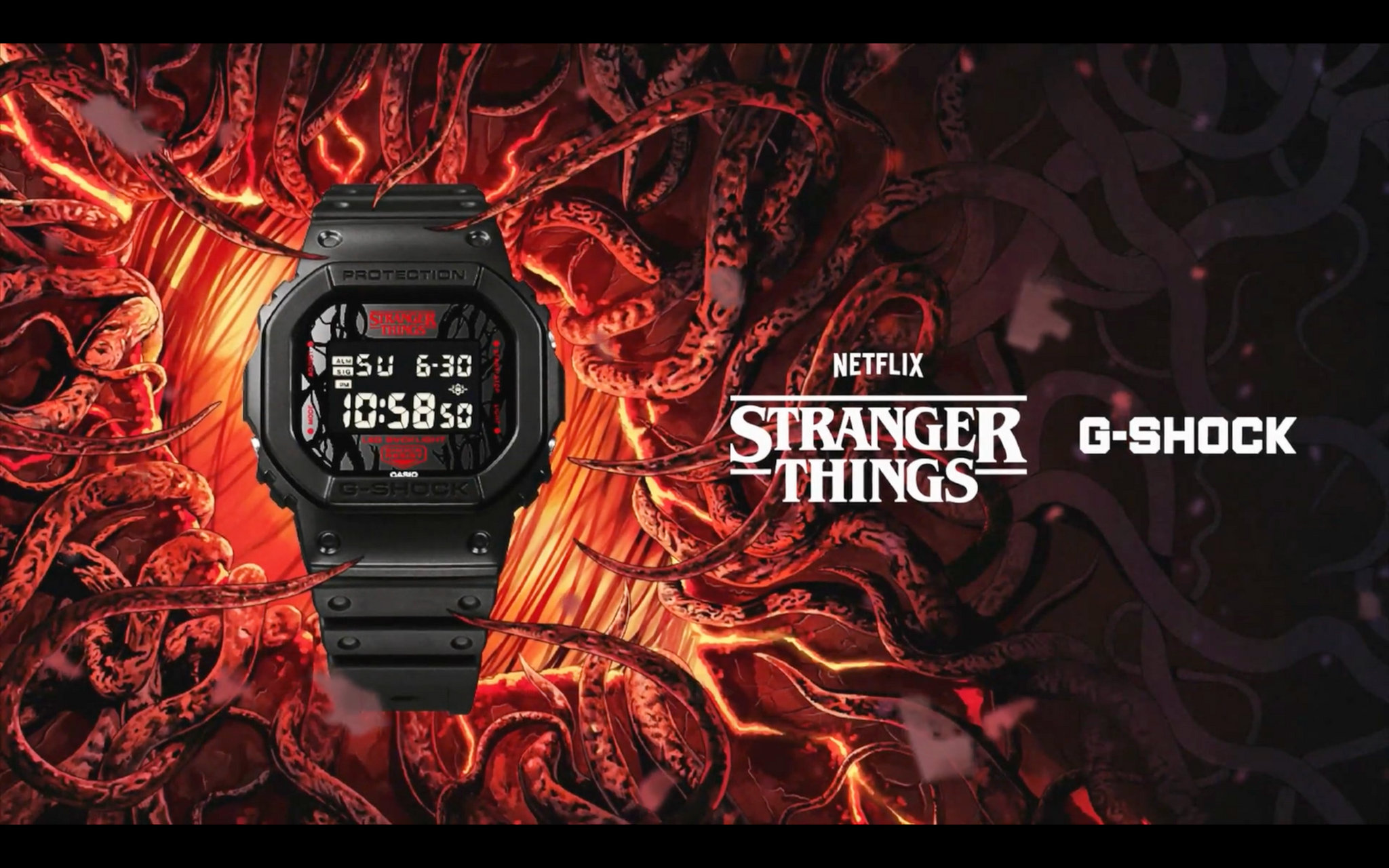 G-SHOCK DW5600STT-1 Stranger Things collaboration featuring vine-pattern dial inspired by Vecna, upside-down ‘A’ detail, red LED backlight, ‘011’ band loop tribute, bio-based black resin case and band, and special Demogorgon-themed packaging.”
