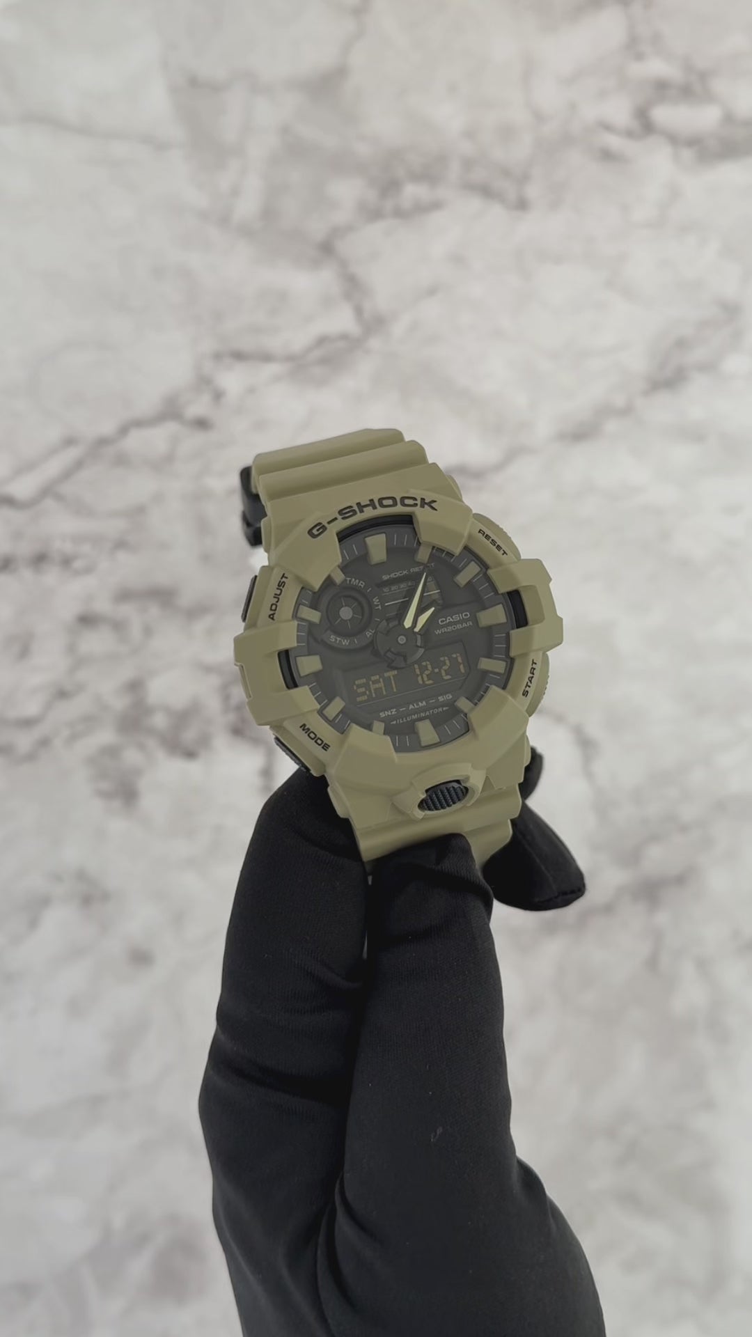 Casio G-SHOCK GA700UC-5A Utility Color Series watch with tan resin case and band, large 3D dial, and analog-digital display.