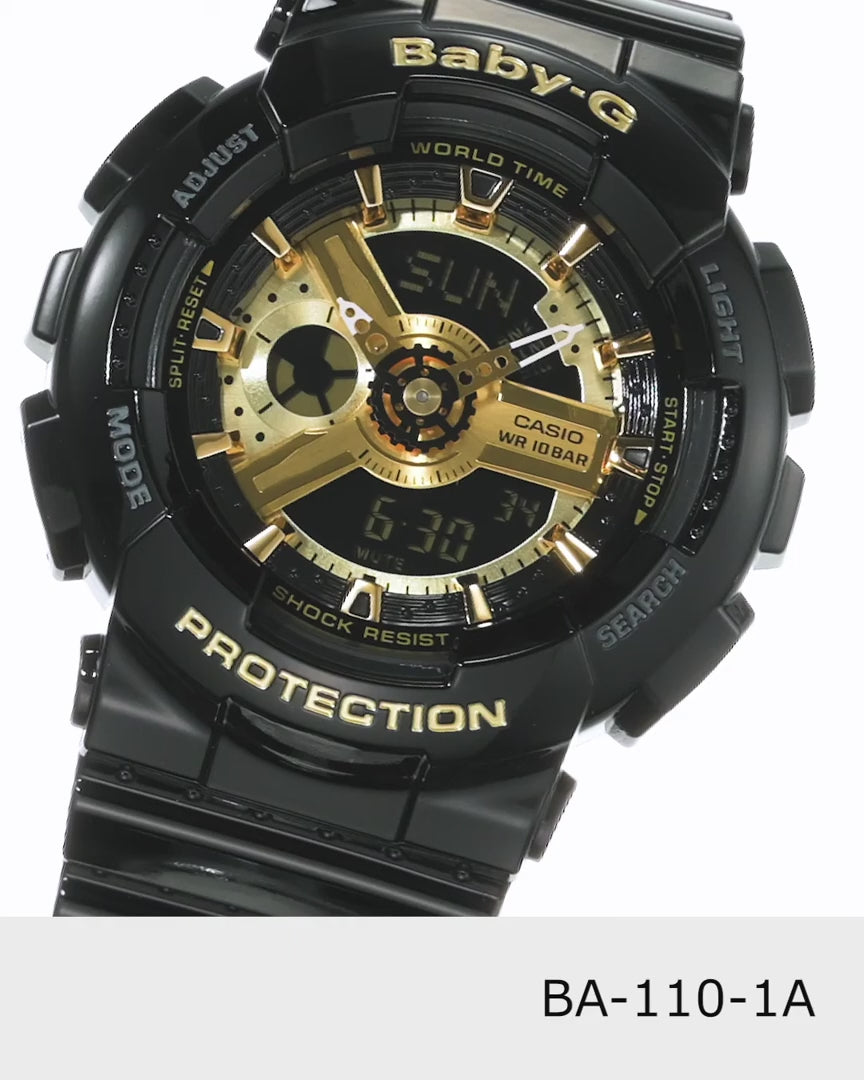 Casio BABY-G BA110-1A analog-digital watch with a bold black and gold colorway, GA110-inspired mechanical dial, layered 3D design, and shock-resistant Baby-G construction.