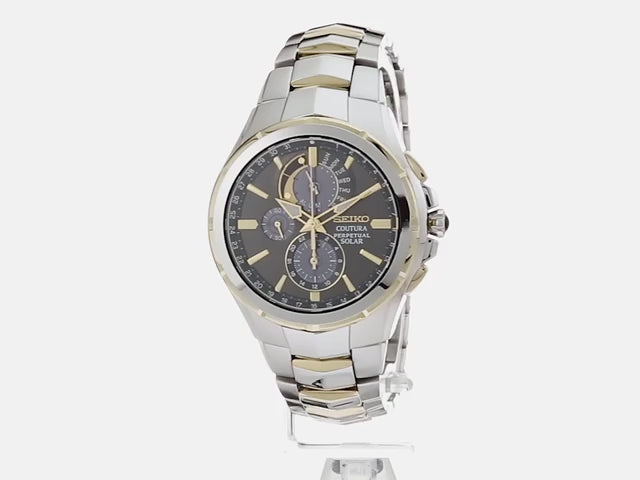 Seiko Coutura SSC376 solar perpetual chronograph watch with gray dial, two-tone stainless steel case and bracelet, gold accents, sapphire crystal, and perpetual calendar display.