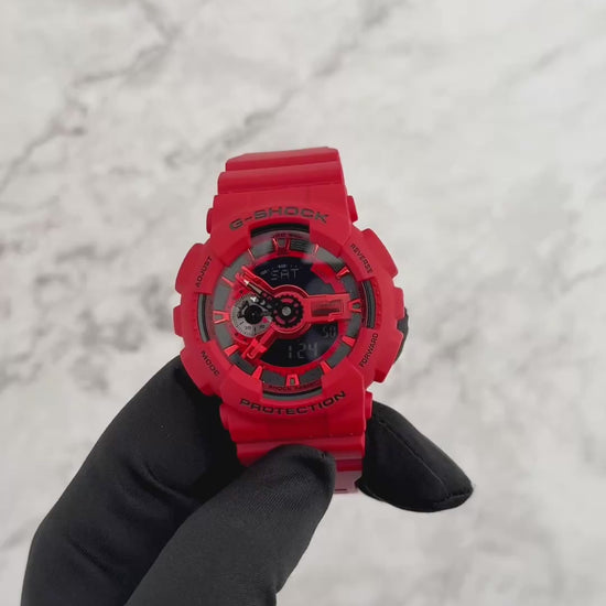 Casio G-SHOCK GA110RRB-4A analog-digital watch with an oversized 110 series case, bold red resin bezel and band, black accents with inverted LCD, multi-layered dial design, shock- and magnetic-resistant construction.