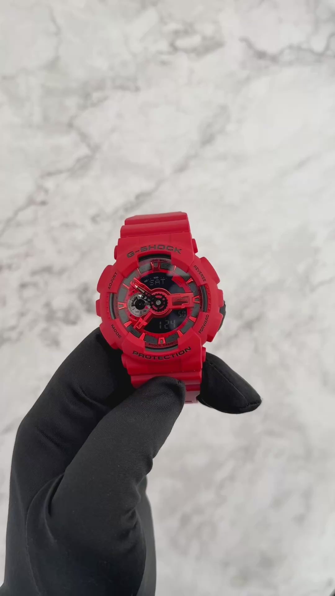 Casio G-SHOCK GA110RRB-4A analog-digital watch with an oversized 110 series case, bold red resin bezel and band, black accents with inverted LCD, multi-layered dial design, shock- and magnetic-resistant construction.