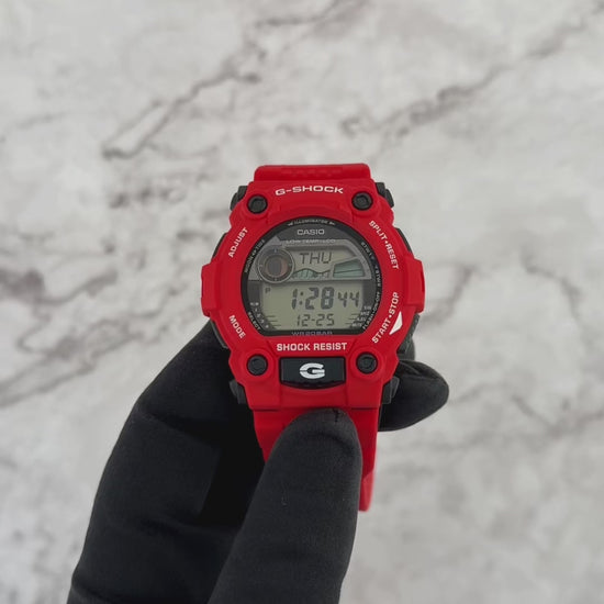 G-SHOCK G-7900A-4 digital watch with a bold red resin case, oversized buttons, tide graph and moon data display, low-temperature resistance, and rugged 7900 Series design for outdoor and marine use