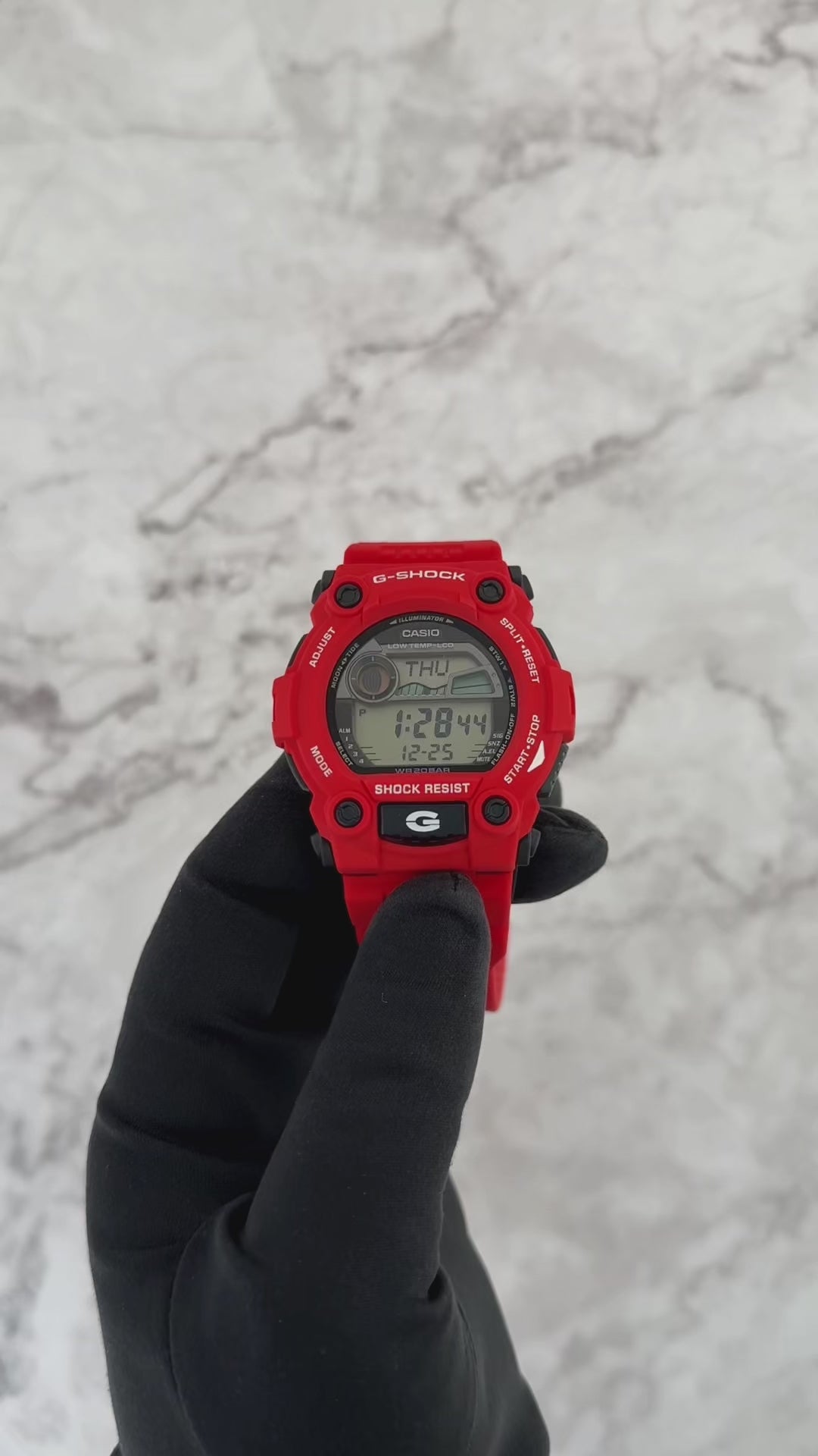 G-SHOCK G-7900A-4 digital watch with a bold red resin case, oversized buttons, tide graph and moon data display, low-temperature resistance, and rugged 7900 Series design for outdoor and marine use