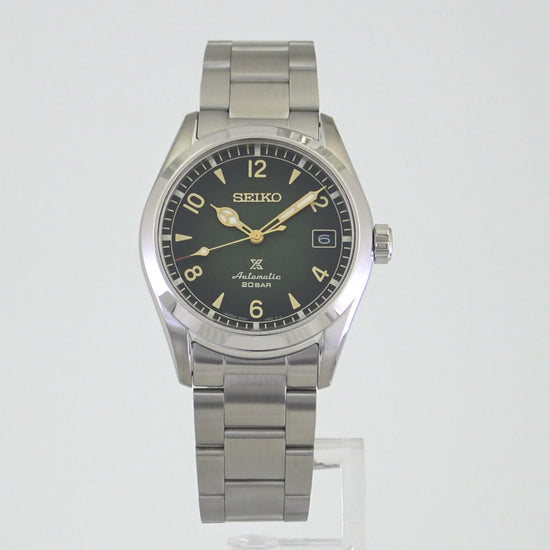 Seiko Prospex SPB155 automatic Alpinist watch with 38mm stainless steel case, green gradated dial, LumiBrite hands, sapphire crystal, 200m water resistance, and stainless steel bracelet — inspired by 1959 Seiko sport watch, available at Miseki Jewelry