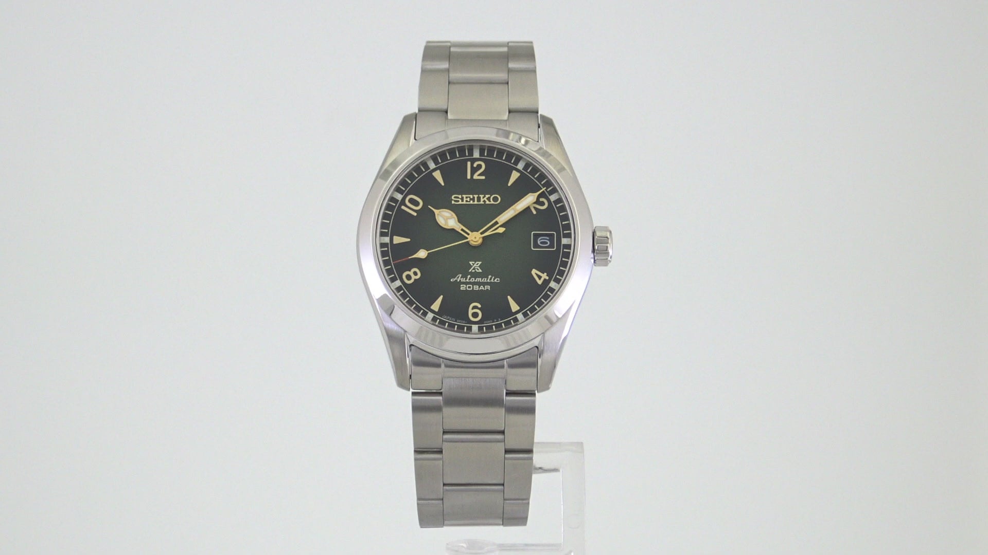 Seiko Prospex SPB155 automatic Alpinist watch with 38mm stainless steel case, green gradated dial, LumiBrite hands, sapphire crystal, 200m water resistance, and stainless steel bracelet — inspired by 1959 Seiko sport watch, available at Miseki Jewelry