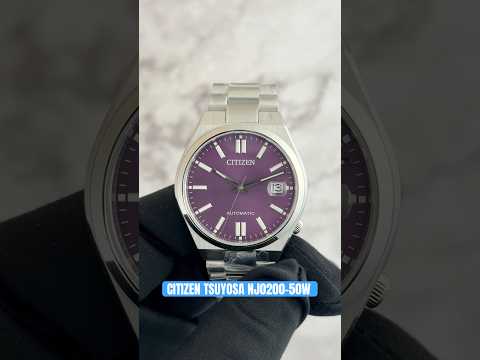 Citizen TSUYOSA NJ0200-50W – 37mm silver-tone stainless steel case, bold purple dial, automatic movement, sapphire crystal, and stainless steel bracelet with 50m water resistance.”