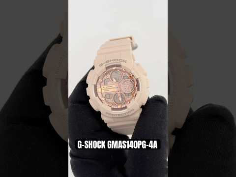 G-SHOCK GMAS140PG-4A women’s analog-digital watch with pink-toned metallic dial, bio-based resin case and band, shock-resistant construction, and 200m water resistance.