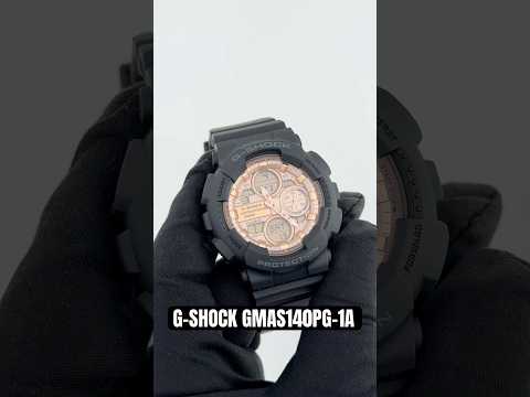 G-SHOCK GMAS140PG-1A women’s analog-digital watch with black bio-based resin case and band, metallic dial, shock-resistant construction, and 200m water resistance.