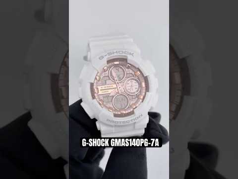 G-SHOCK GMAS140PG-7A women’s analog-digital watch with white resin case and band, shock-resistant design, LED display, and 200m water resistance.