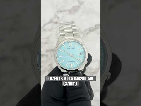 Citizen TSUYOSA NJ0200-50L – 37mm silver-tone stainless steel case, sunray ice blue dial, automatic movement, sapphire crystal, stainless steel bracelet, and 50m water resistance.