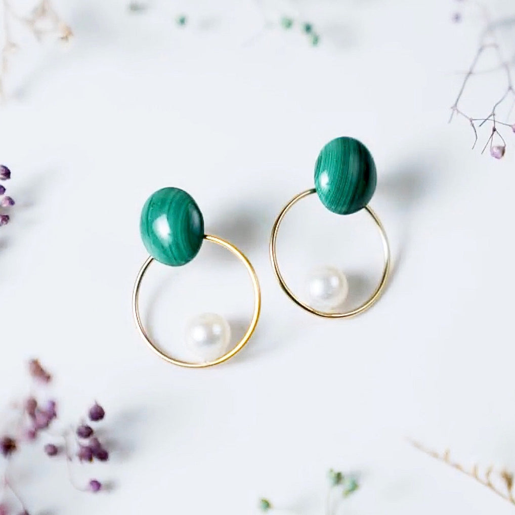 Malachite Oval + Pearl + Circle 14/20 GF Earrings