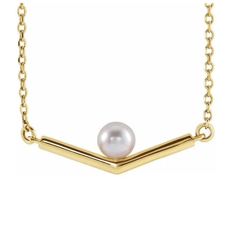 14K Yellow Solid Gold Cultured Akoya Pearl V 16" Necklace