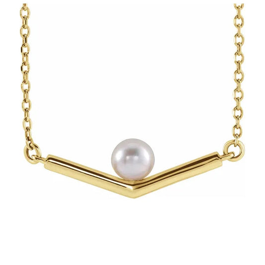 14K Yellow Solid Gold Cultured Akoya Pearl V 16" Necklace