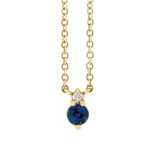 14K Yellow Solid Gold - BLUE Sapphire & .015 CTW Diamond 18" Necklace