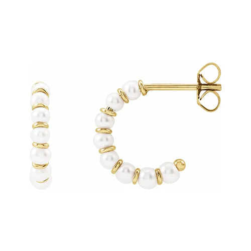 14K Yellow Solid Gold Freshwater Cultured Pearl Hoop Earrings