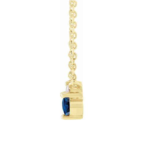 14K Yellow Solid Gold - BLUE Sapphire & .015 CTW Diamond 18" Necklace