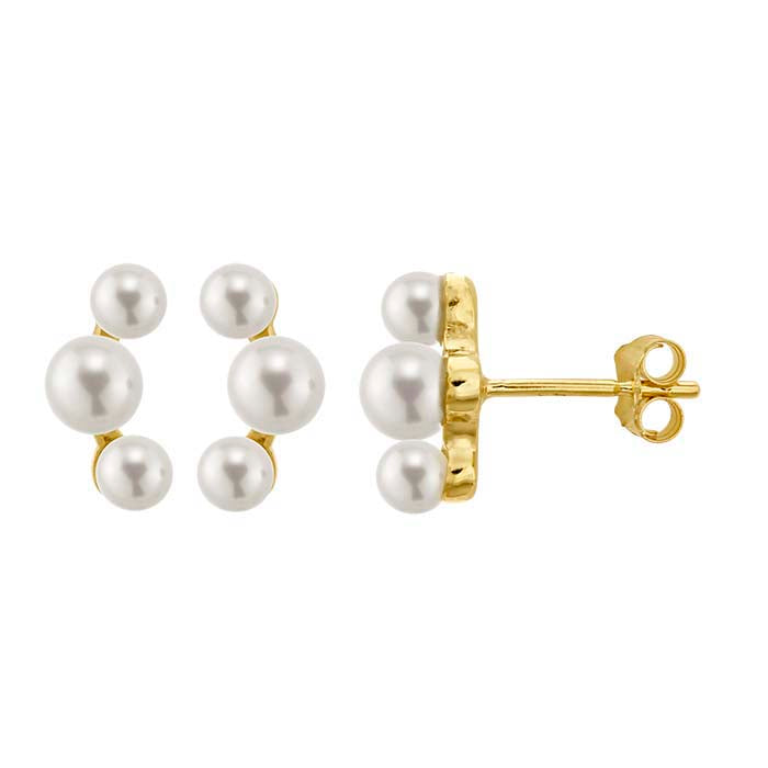 14K Yellow Solid Gold three round Freshwater Pearl Earrings