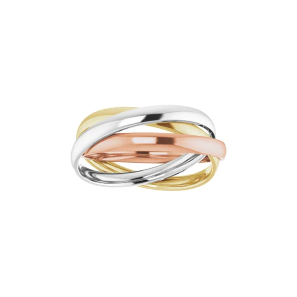 Tri-Color Three Band Rolling Ring 14K Solid Gold